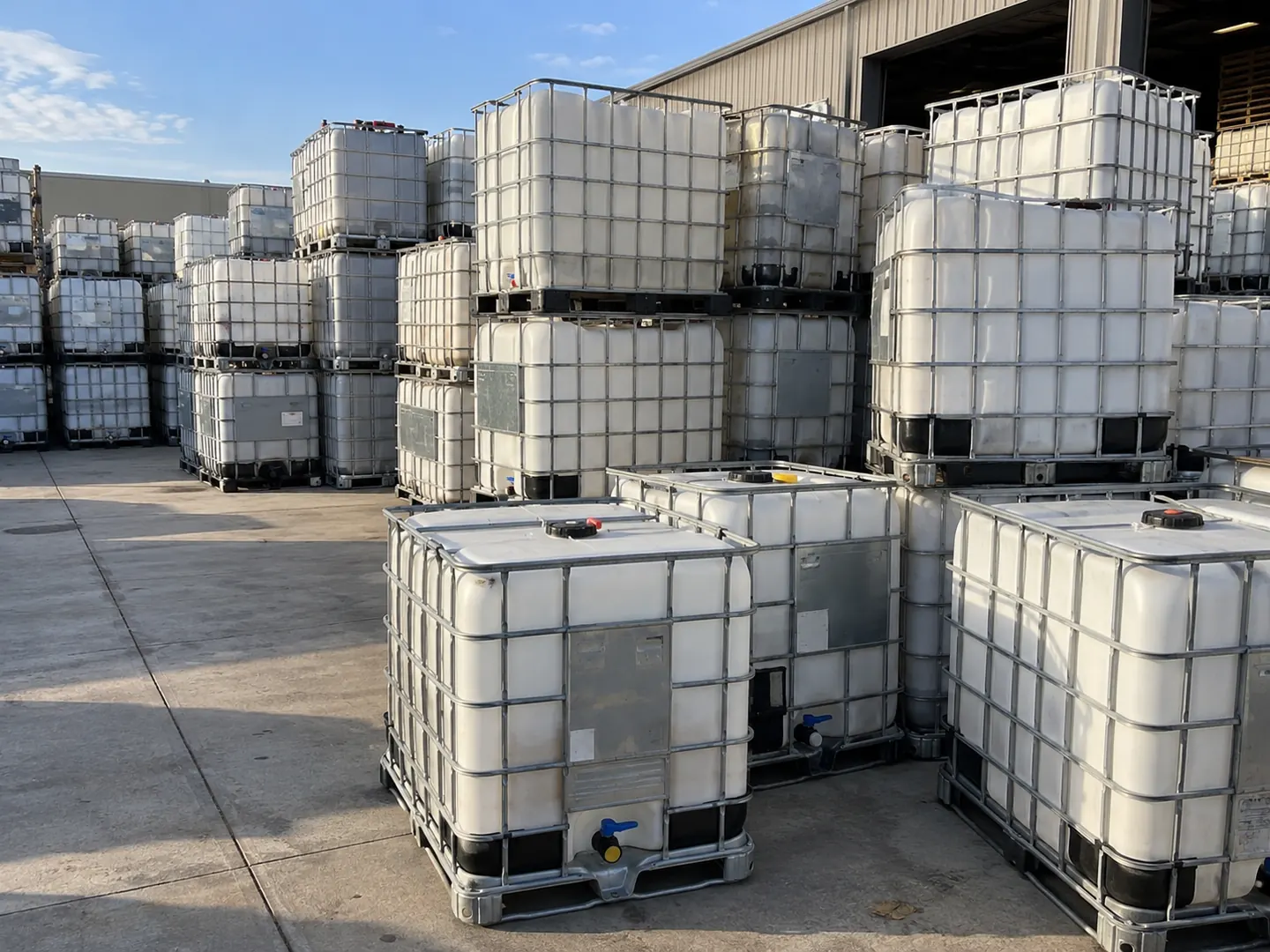 Rows of white caged IBC totes stacked two high on a concrete apron beside an open warehouse door.