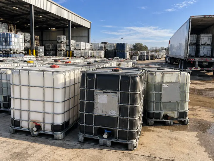 White, ghosted and black caged totes on a yard apron with a loaded trailer backed in behind them.