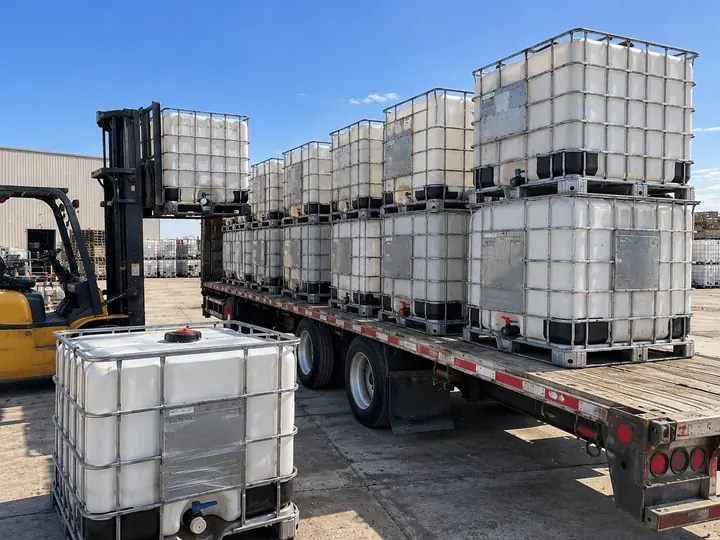 A forklift lifting a caged tote onto a flatbed trailer already loaded two rows deep with totes.