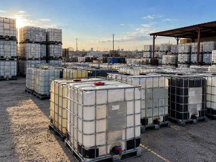 Wide view of a tote yard at first light, long rows of containers with stacked units and a city skyline behind.