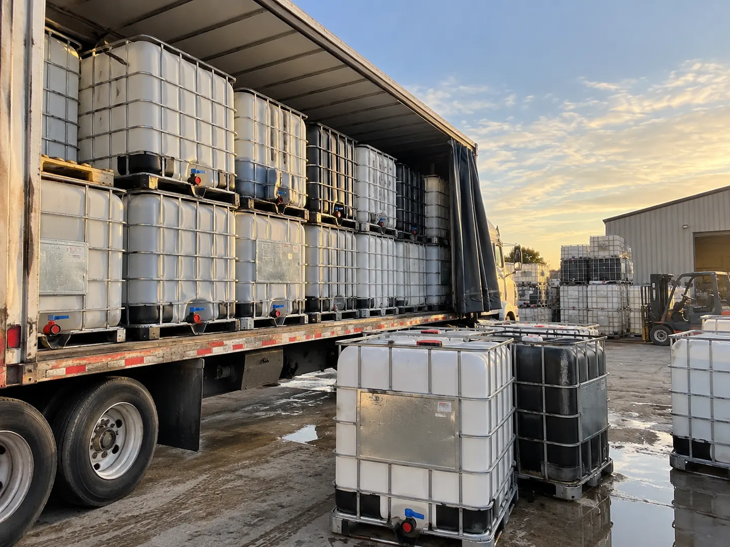 A curtain-side trailer loaded with caged totes at dusk, with more units and a forklift on the apron.