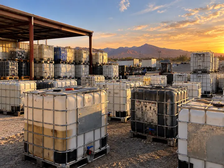 Rows of caged totes at sunset with mountains behind, including one heavily stained bottle.