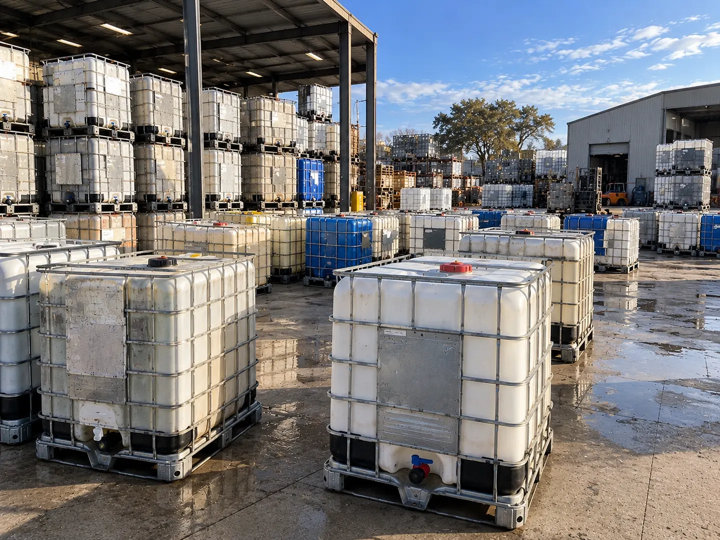 Totes racked under a steel canopy next to blue and white containers on wet concrete.